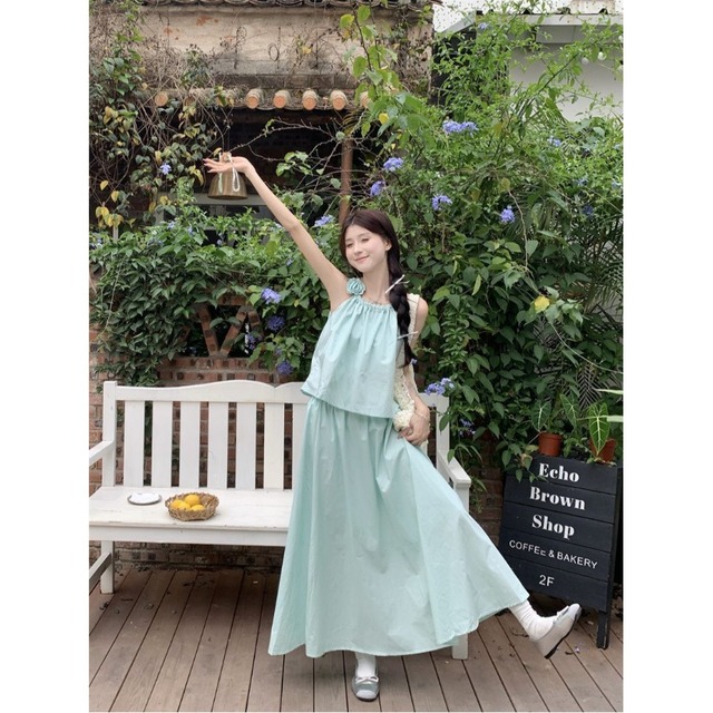 小清新薄荷绿套装女夏季度假风短款吊带背心高腰A字半身裙两件套