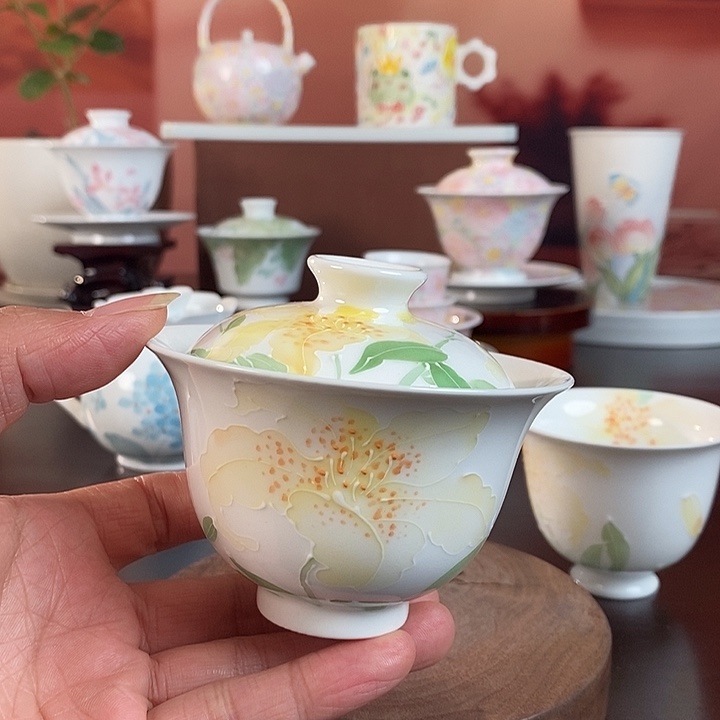 百合花盖碗釉下手绘高温