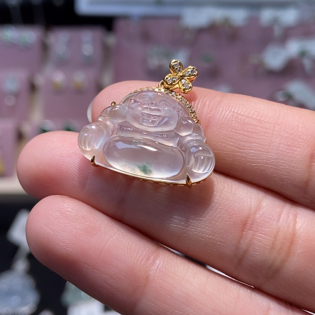 翡翠18K金镶嵌颈饰纯天然缅甸翡翠A货佛公