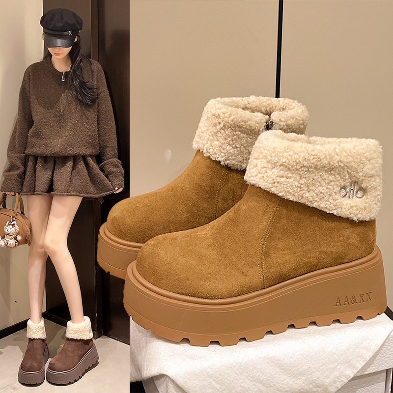 厚底防水加绒保暖靴女2025冬季雪地靴新款绒面时尚小个子增高短靴