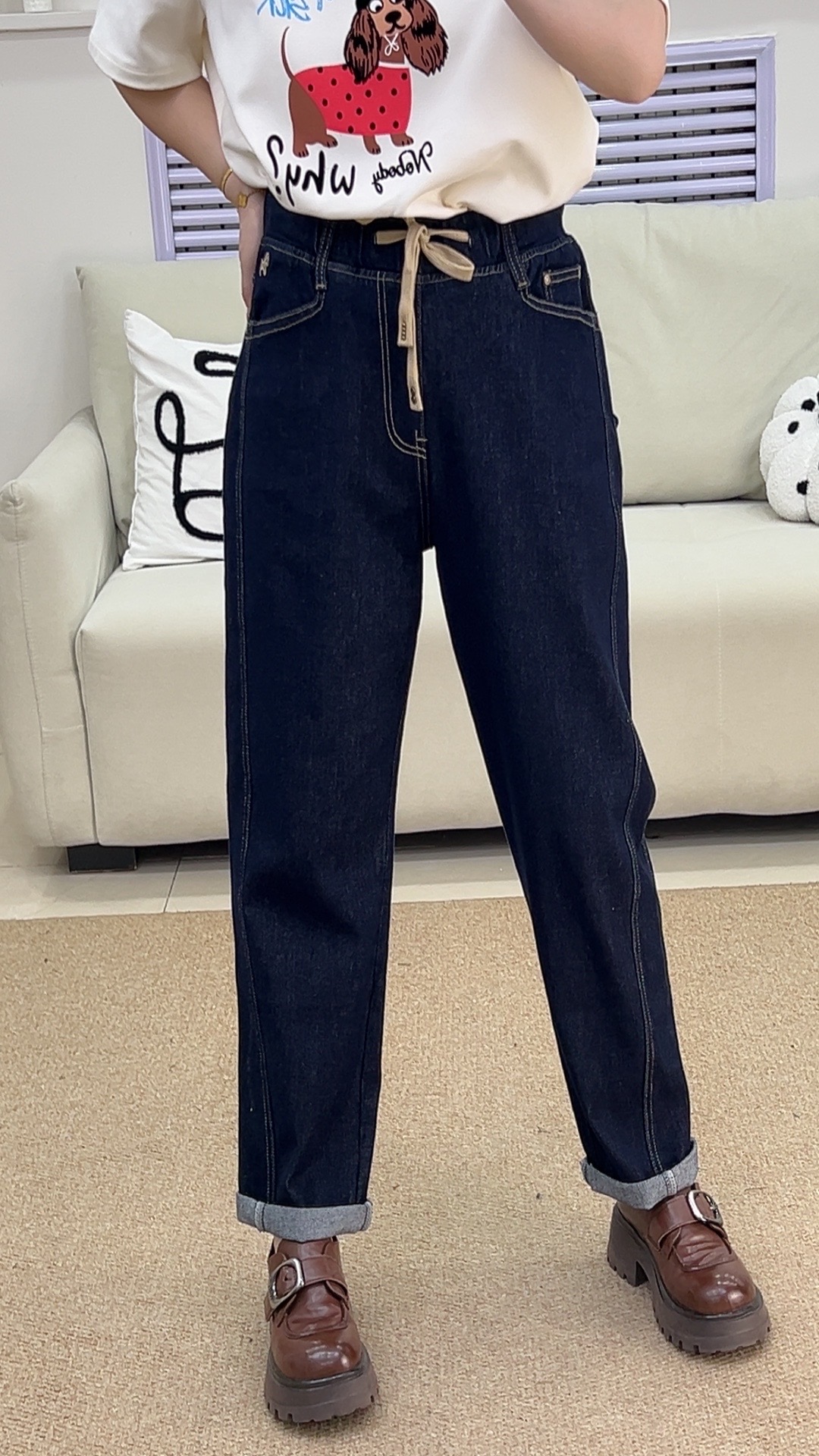 {莹莹推荐}8915冬季大码女装百搭显瘦松紧腰老爹裤