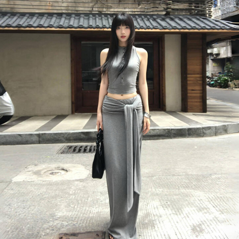 2679无袖圆领套头夏季中长裙连衣裙长款服装开叉挂脖高腰网红时尚