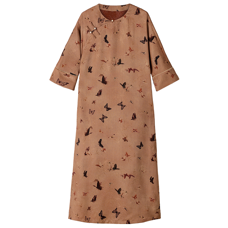 中国丝绸隆鹊『竹影蝶舞』香云罗大圆襟袍子新中式国风气质时尚舒适