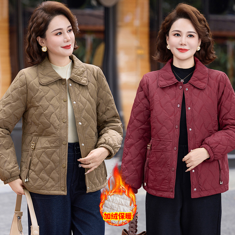中老年女装棉服冬装流光风妈妈款加绒外套短款保暖加厚百搭方领