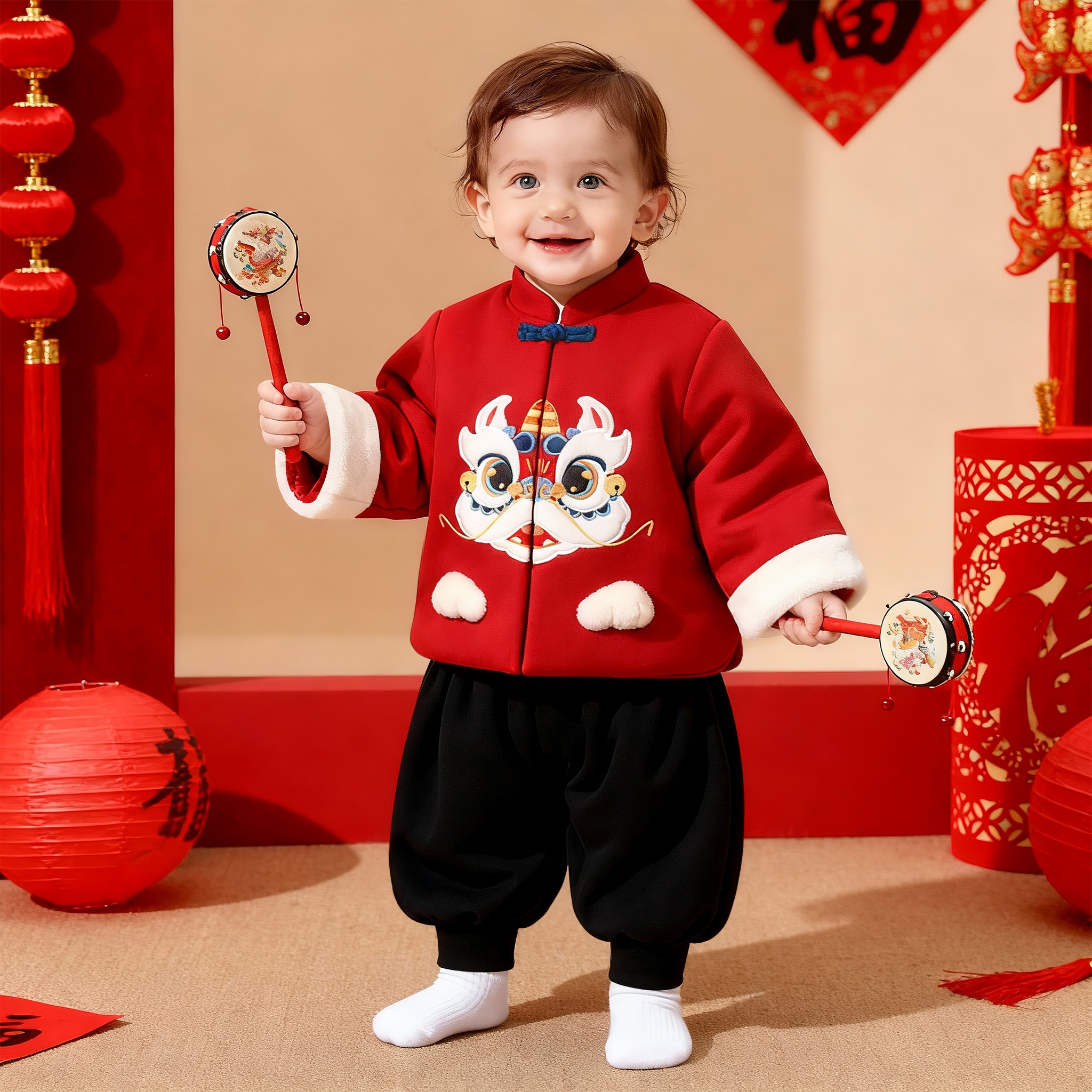 现货！【潘先生高定】狮狮如意婴儿拜年服中式过年喜庆夹棉加厚棉服