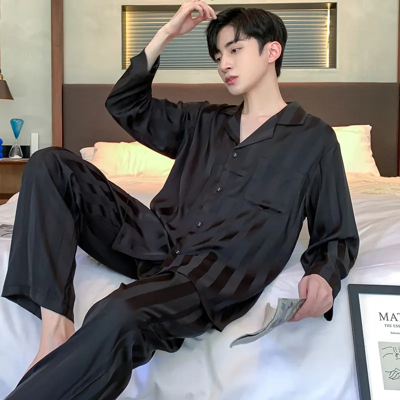 【100%桑蚕丝】高档维多利亚睡衣男士夏季真丝长袖长裤丝绸家居服