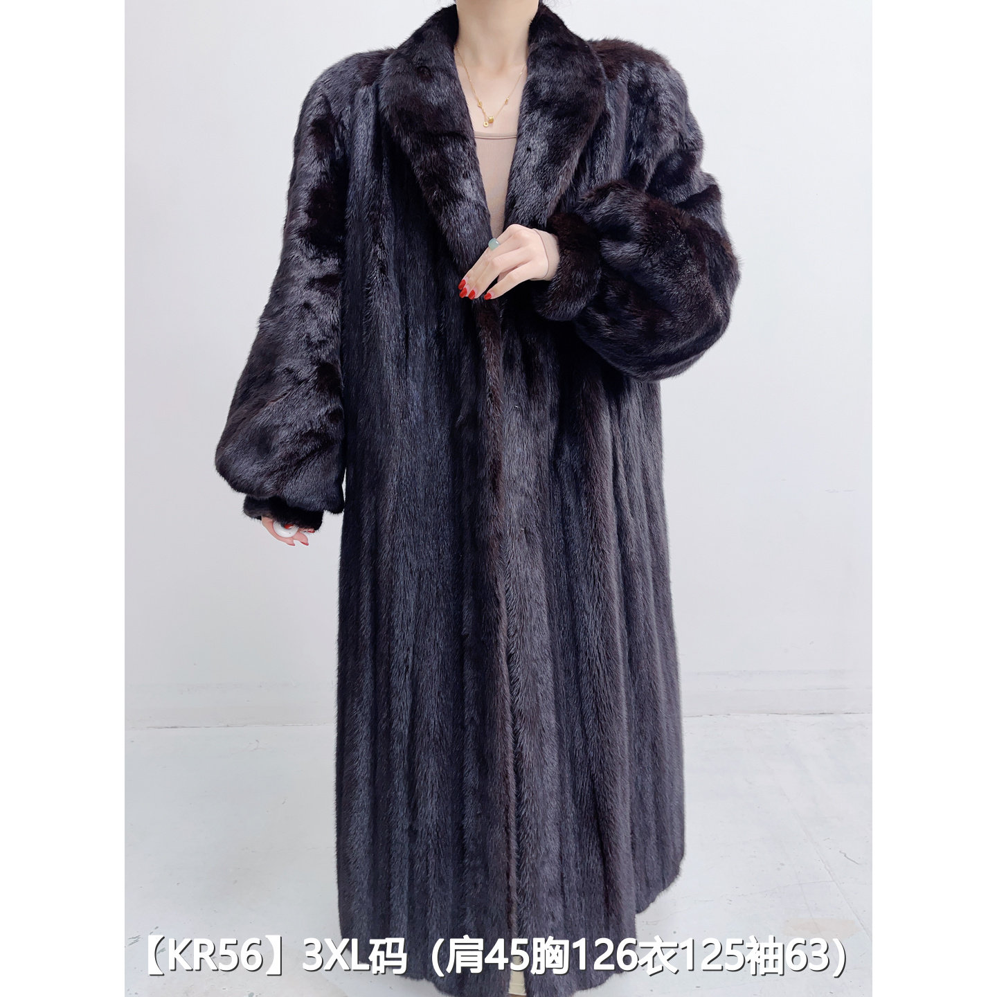 【KR56】3XL 棕黑色超长款宝嘉美水貂大衣女 青果领泡泡袖 40056