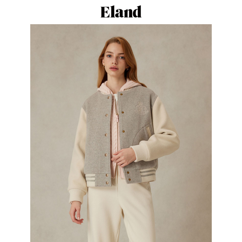 【商场同款】Eland衣恋毛呢外套人字纹棒球服2025新款EEJWF11T71