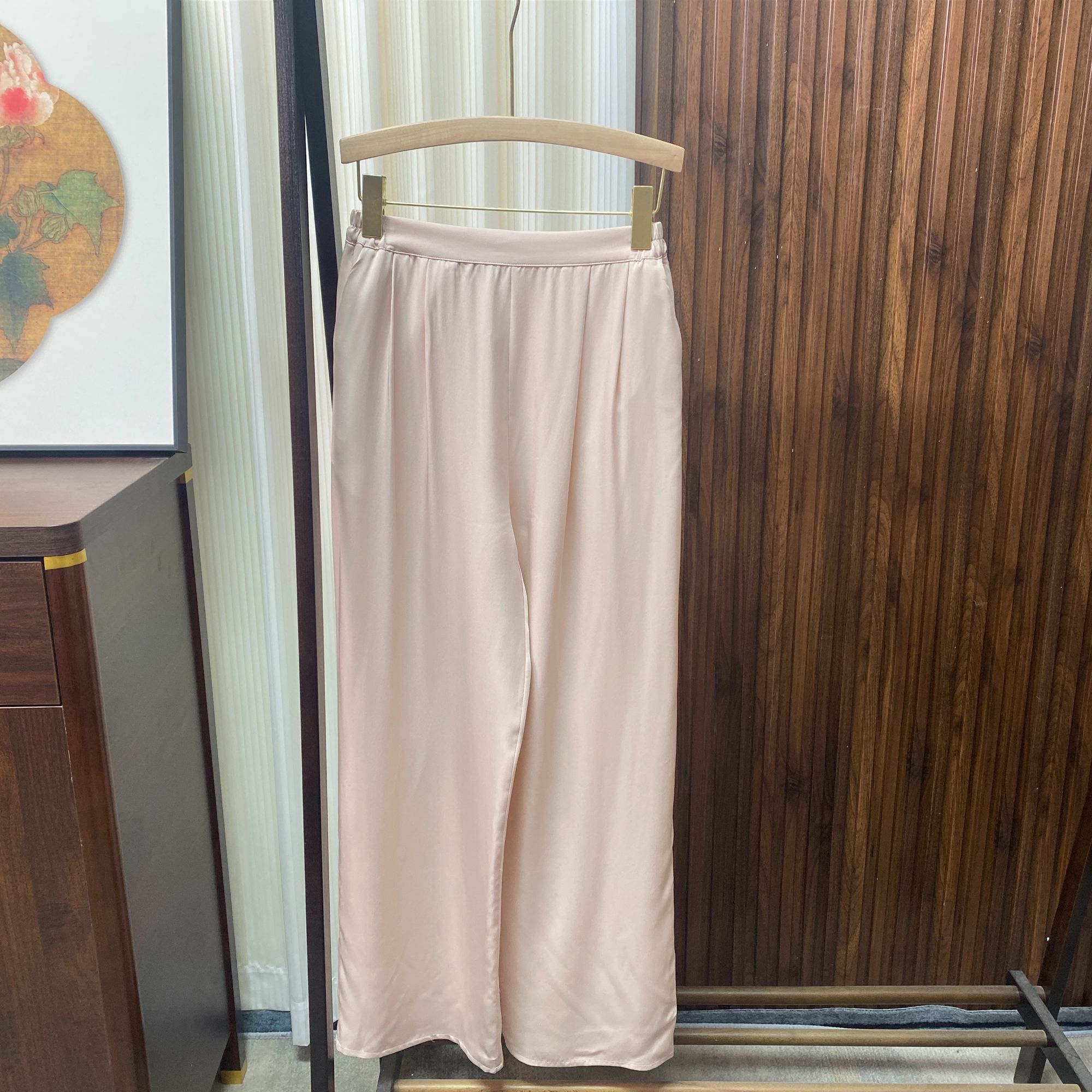 粉色真丝直筒裤夏季宽松休闲垂感桑蚕丝百搭长裤女HSKZ-FEN