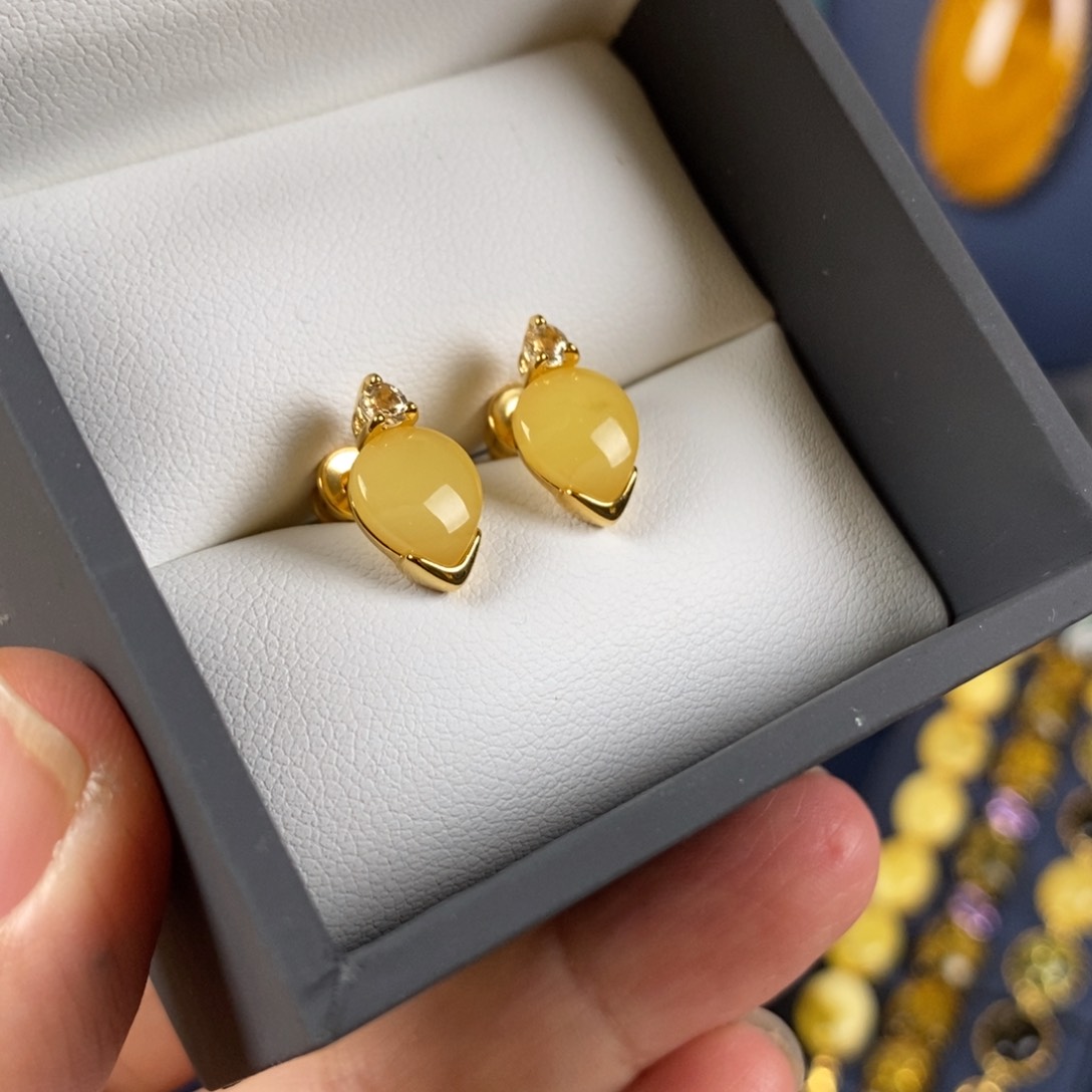 蜜蜡耳饰银S925镀金镶嵌