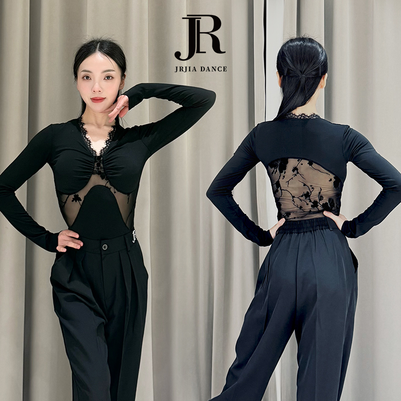 JIA.DANCE新款设计感拼接网纱V领拉丁舞操服上衣带胸垫舞服R174