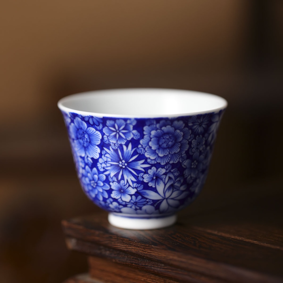 九段烧-九段妙手-万花撇口杯单杯-陶瓷主人杯全手工手绘有差异