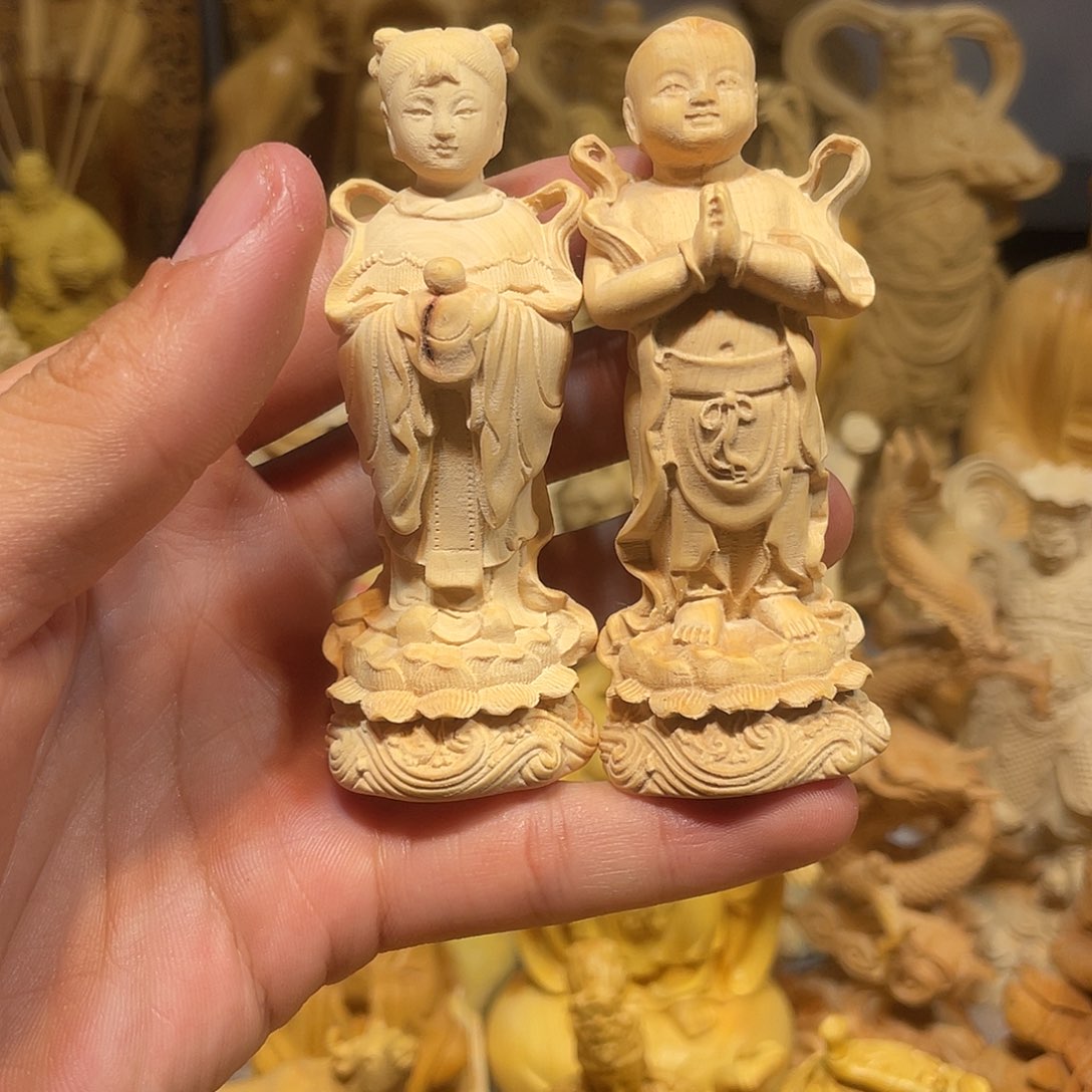 黄杨木瑕疵金童玉女一对