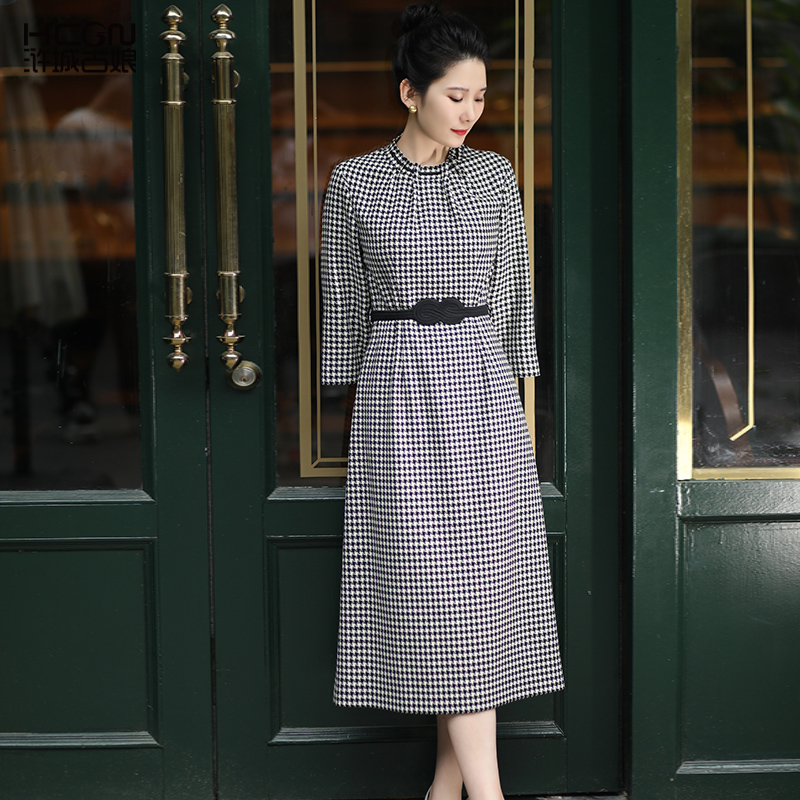 绵羊毛收腰显瘦高级轻奢千鸟格瑞锦连衣裙CMT17823