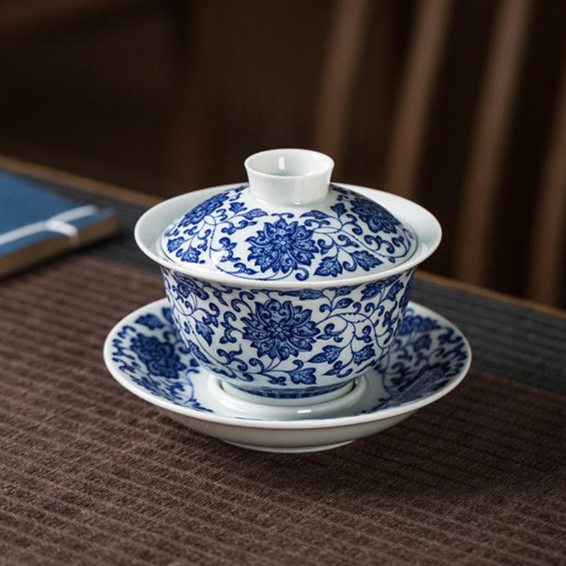 景德镇缠枝莲三才盖碗茶杯子单个敬茶碗功夫茶具