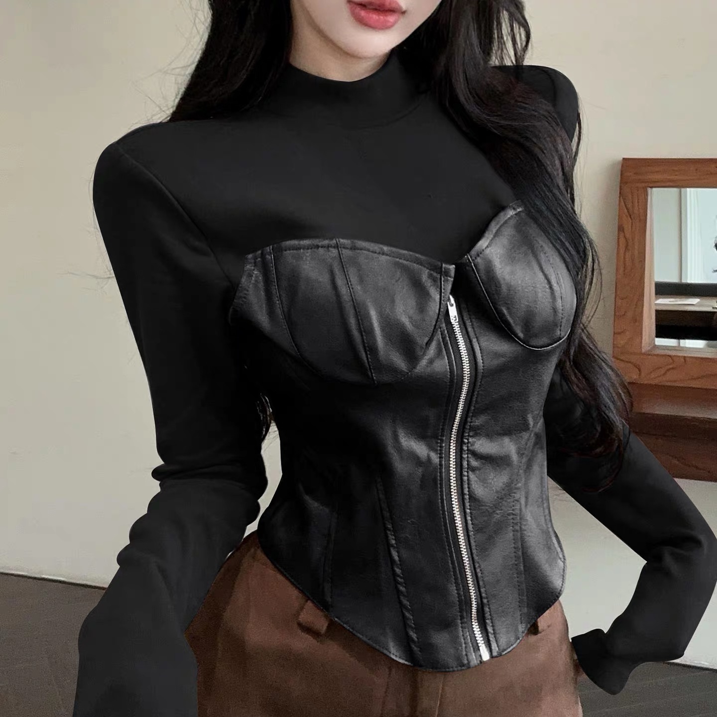 【20555】新#假两件拼接圆领修身上衣