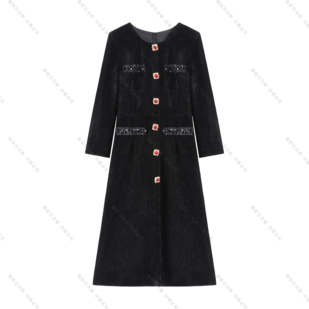 【南油虹姐】秋冬圆领常规长裙植绒连衣裙复古收腰裙子修身