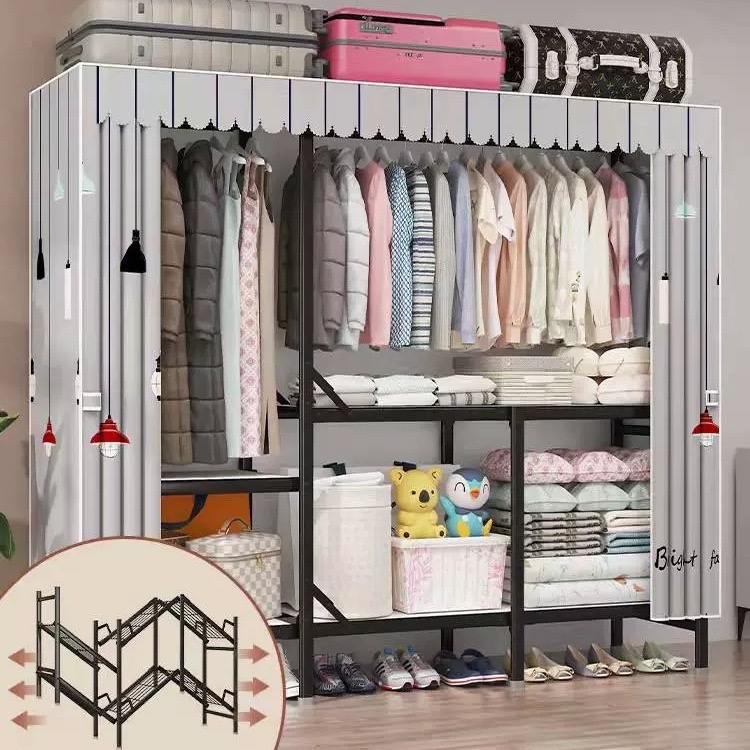 拉萨发货西藏包邮布衣柜免安装大尺寸加厚牛津布加粗不锈钢全钢架