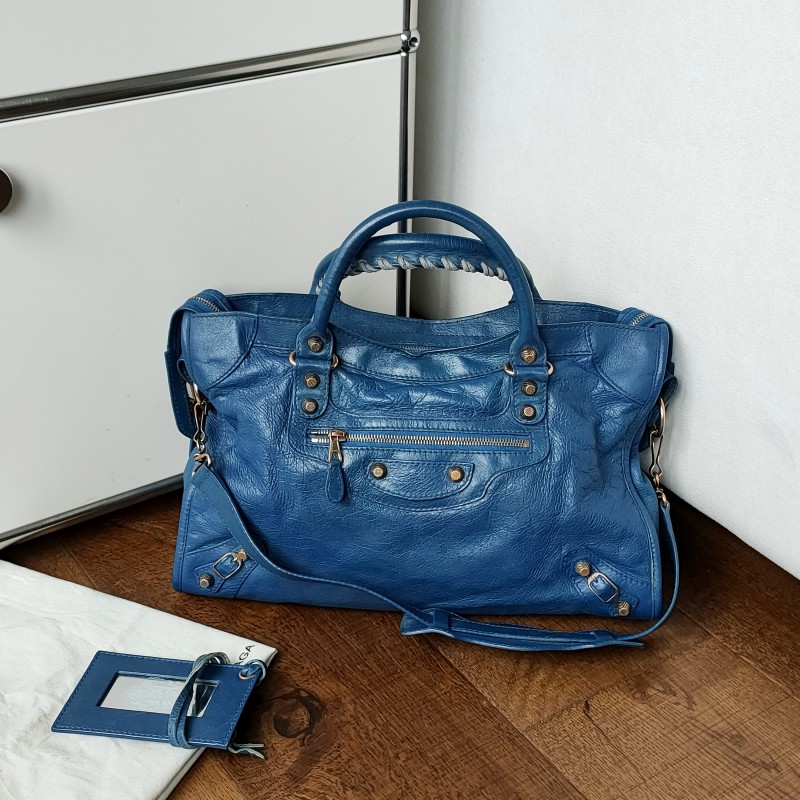 95新 Balenciaga/巴黎世家 深蓝羊玫瑰金钉机车中号手提包/51600