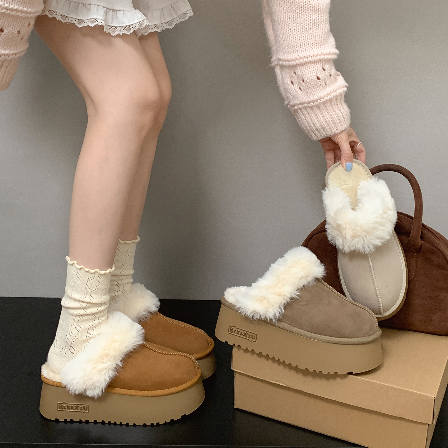 南在南方复古棕色厚底毛毛拖鞋女2025新款冬季保暖外穿勃肯棉拖鞋