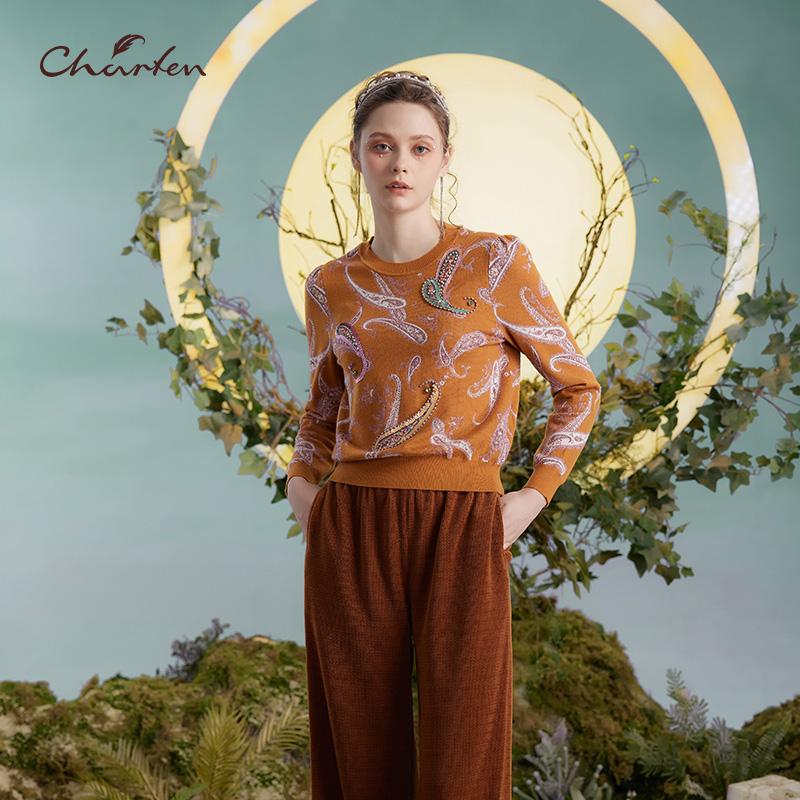 【达人专属】朝峰秋季立体提花圆领套头毛衣CFD3C352-3053C