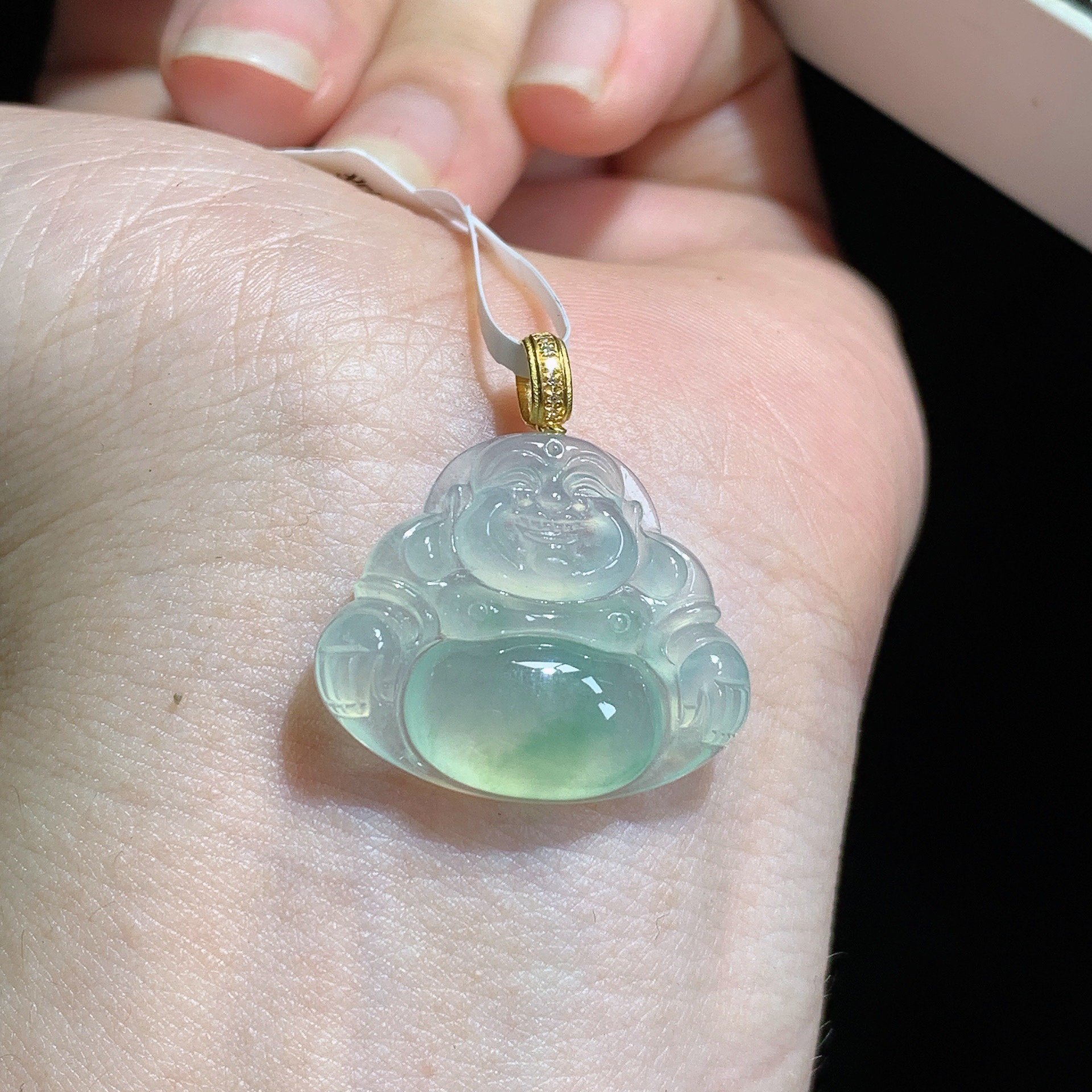 天然缅甸翡翠A货18k金老坑冰种飘绿佛公吊坠尺寸26*20.5*23.6*5.3