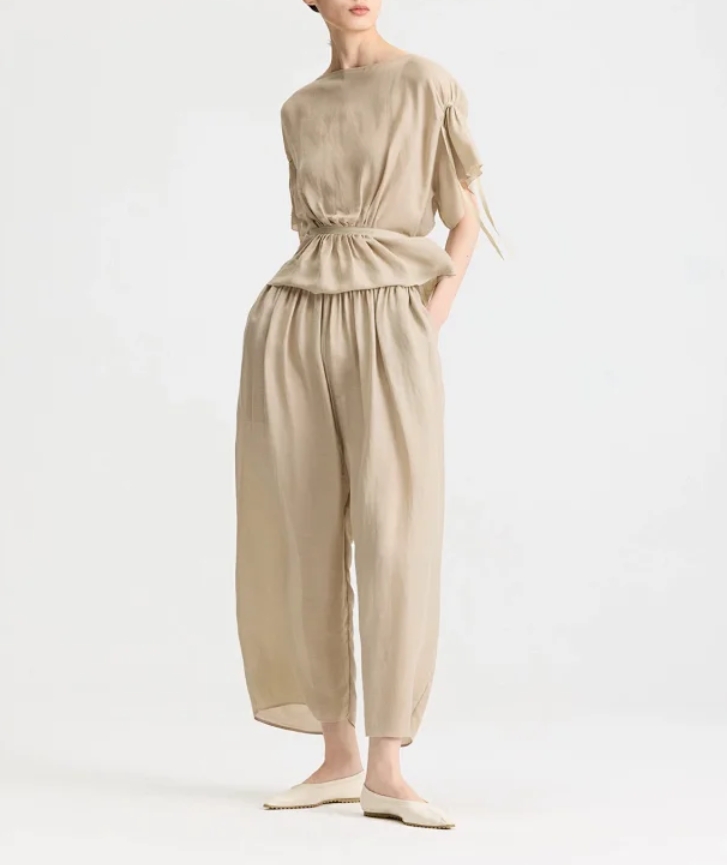 【ICS 韵裕】百搭抽褶系带上衣+裤子套装