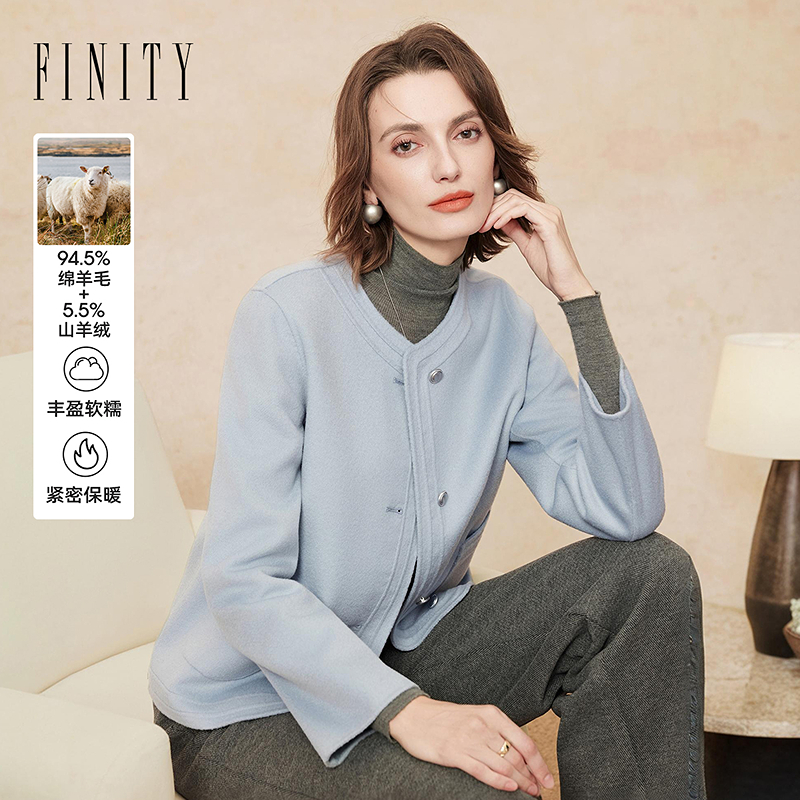 FINITY【山羊绒+绵羊毛】毛呢外套针织短款女士宽松加绒加厚保暖