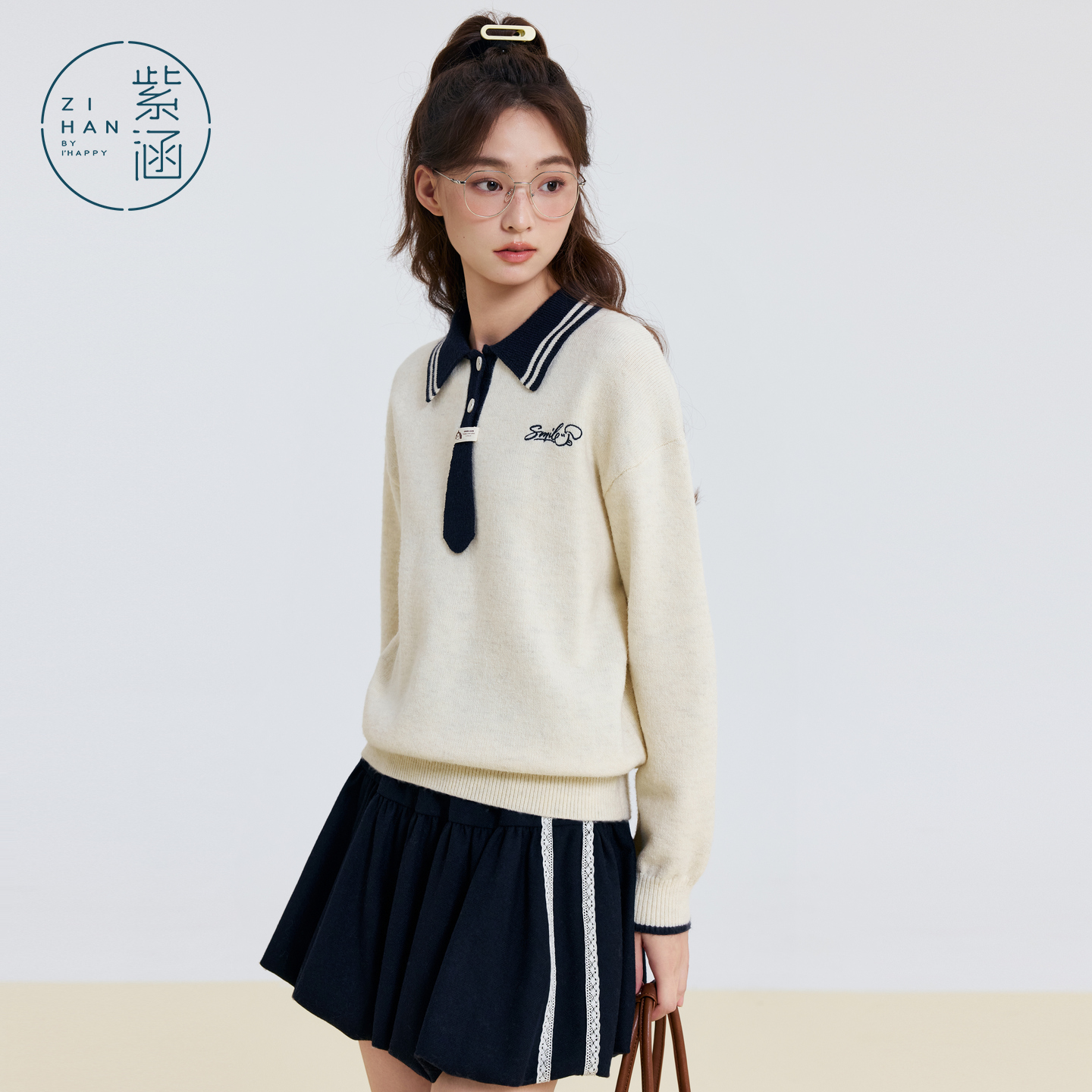 紫涵撞色polo领套头针织衫女2025冬季新款刺绣内搭毛衣Z5Z11AS305