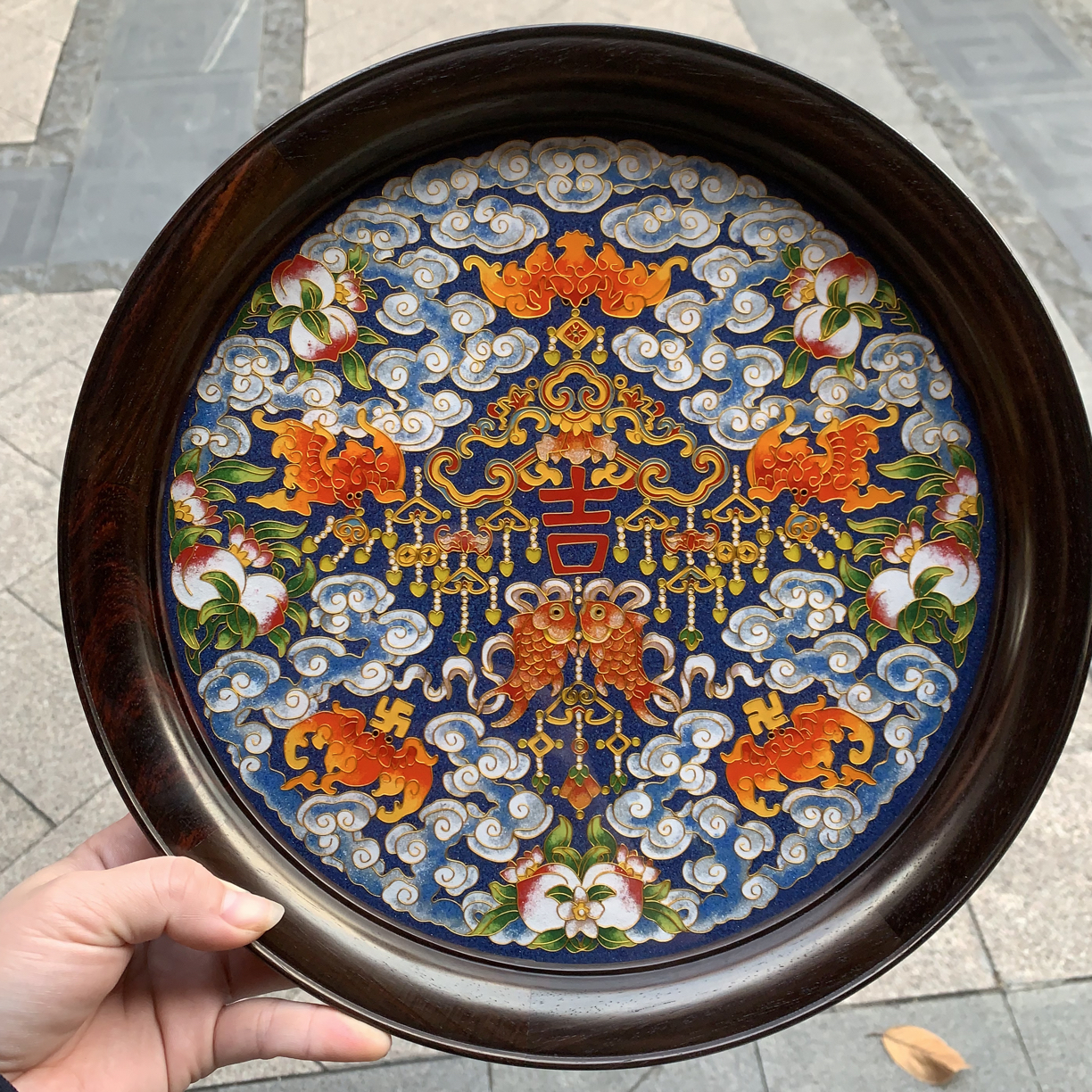 老挝大红酸枝吉祥五福圆形景泰蓝茶杯茶具收纳盘高端茶室