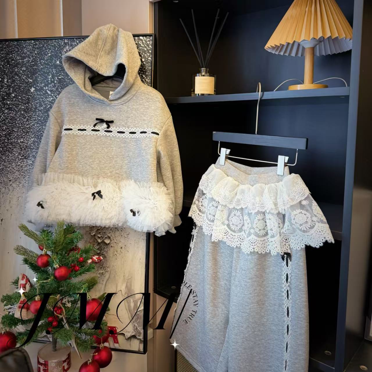 【秋冬款】D045 2024设计师设计时尚走秀蕾丝边组合休闲套装