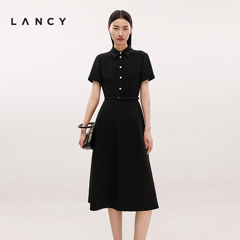 醋酸·LANCY/朗姿2025夏季新款气质翻领高级半袖收腰显瘦连衣裙