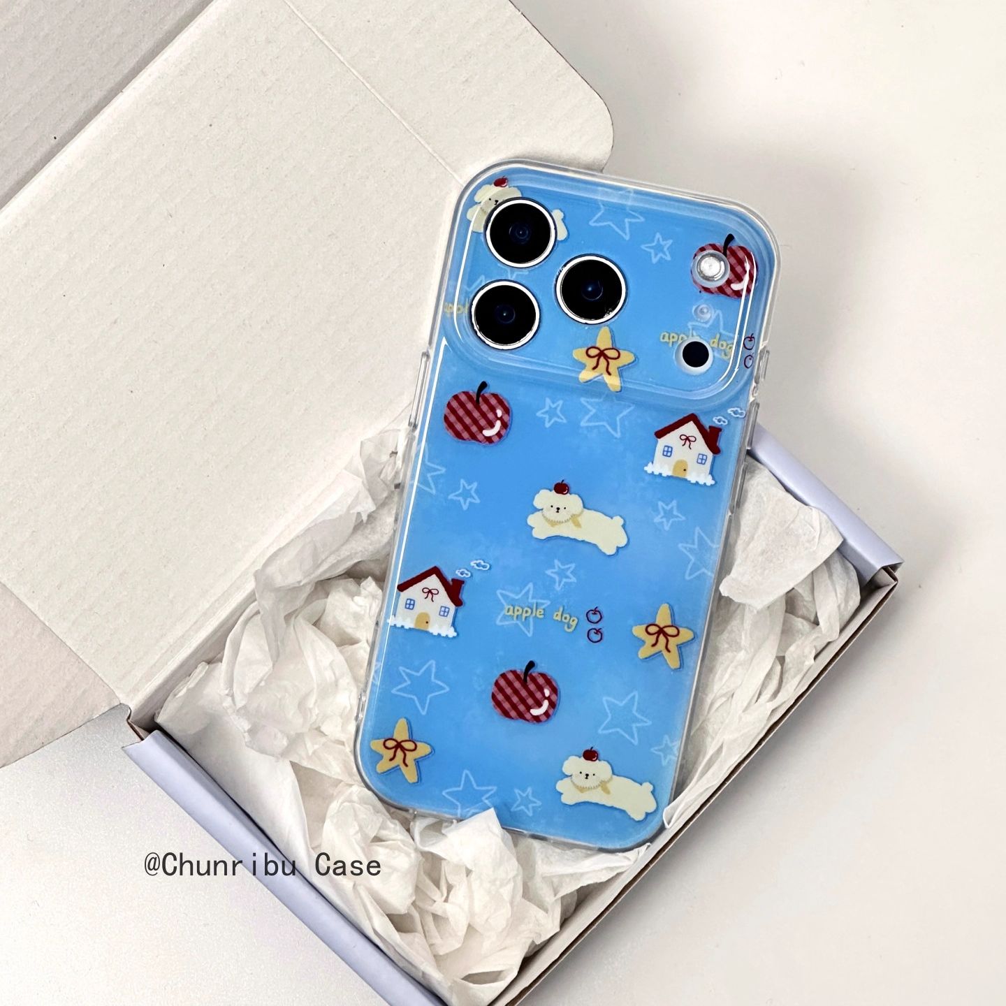 简约卡通蓝底苹果星星房子小狗适用苹果17/16promax手机壳15/14
