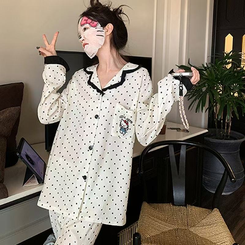 夏季新款睡衣女云朵棉花边翻领开衫长袖长裤甜美舒适家居服套装