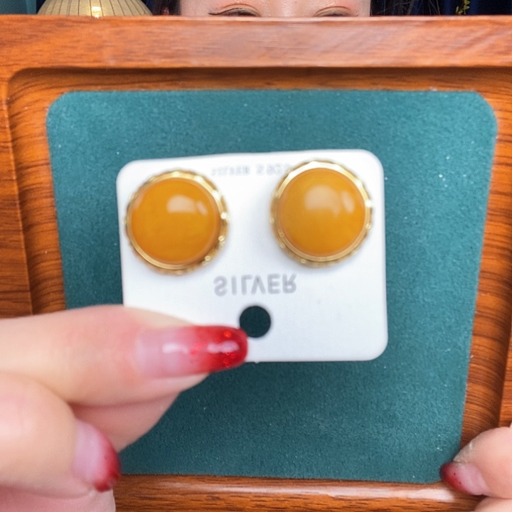 蜜蜡耳饰银S925镶嵌耳钉