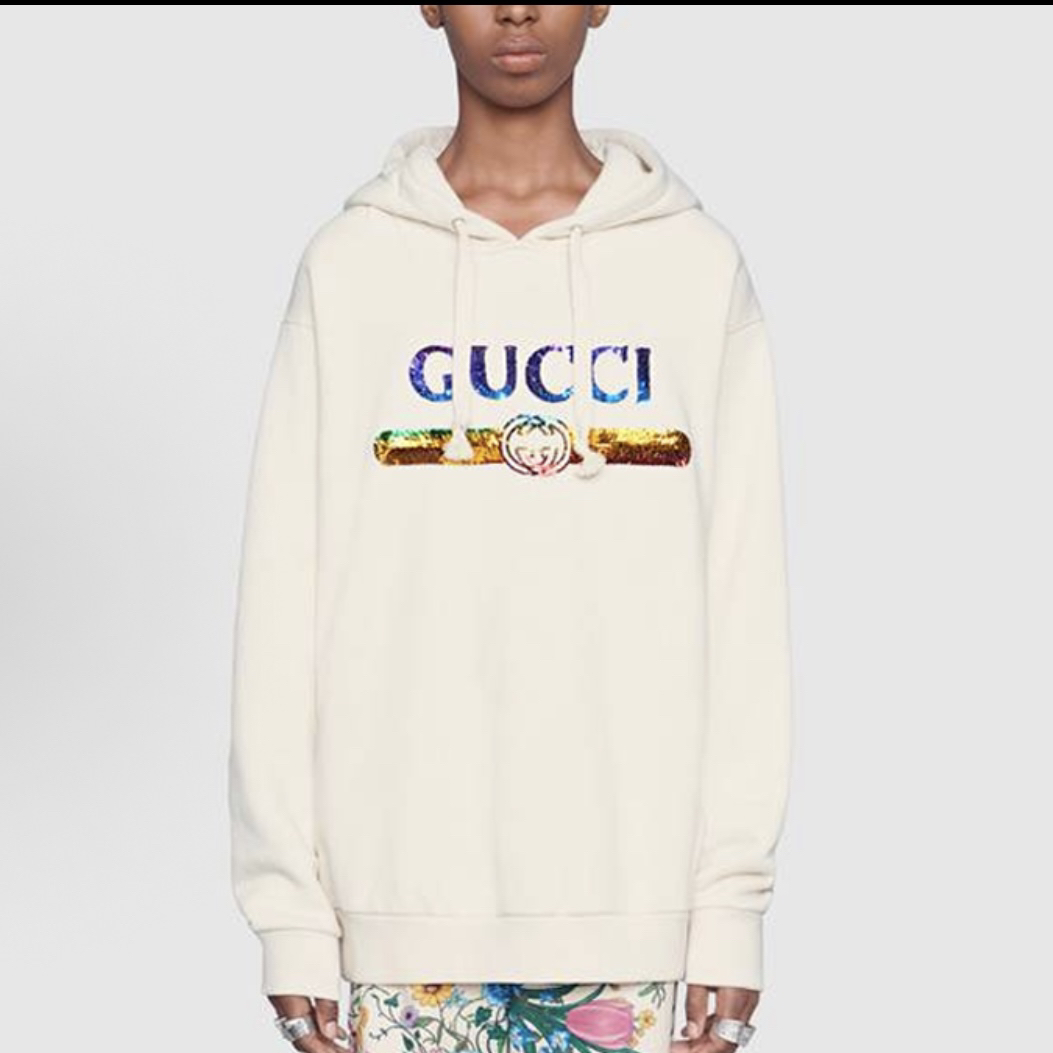95新 GUCCI/古驰 3106/GUCCI 复古Logo亮片标识连帽卫衣