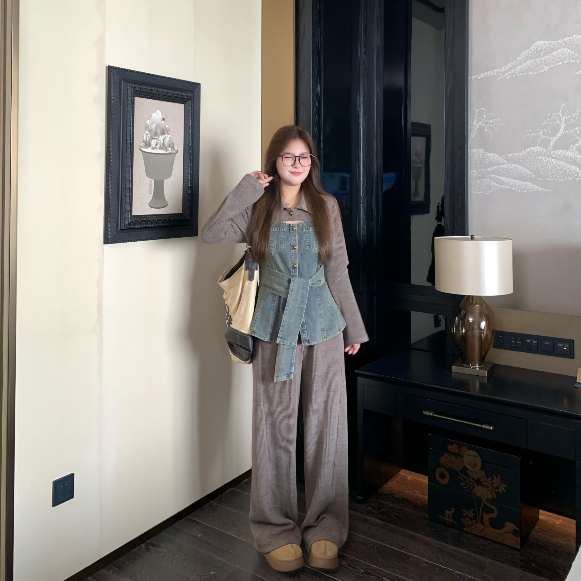 敏敏&南岛风大码女装气质拼接牛仔外套胖mm半裙长裤套装ZYY2573