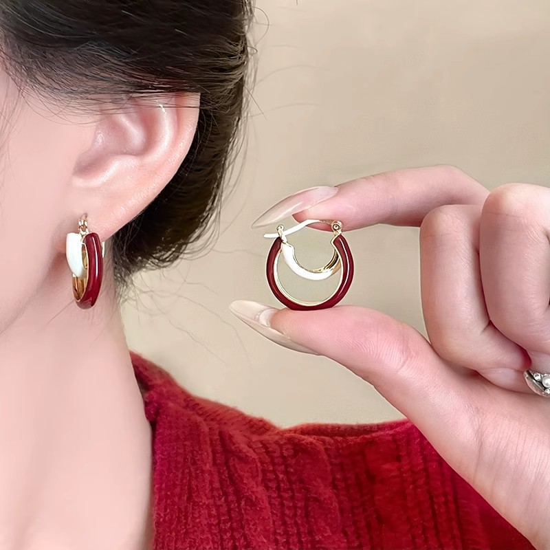 合金耳饰 复古酒红色几何圆圈耳扣小众设计感气质耳环女轻奢