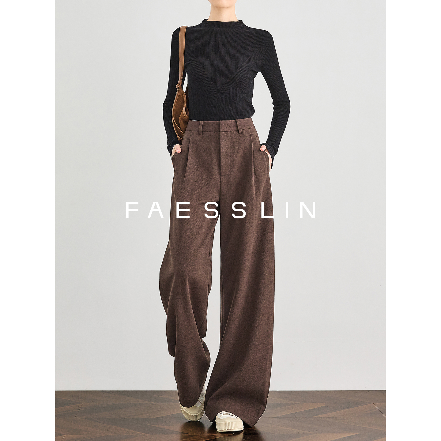 FAESSLIN【对称剪裁】棕色羊毛西裤高腰直筒老钱休闲裤女 | 5570