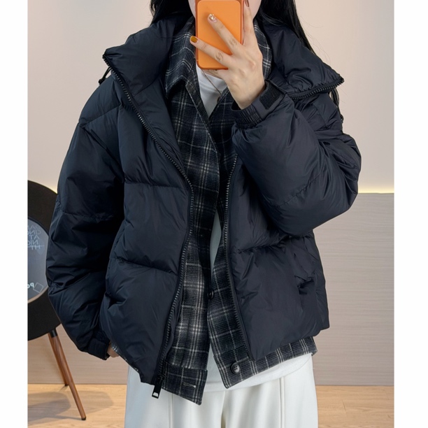 【90绒子】拼接假两件羽绒服冬季新品保暖格纹连帽面包服外套60066