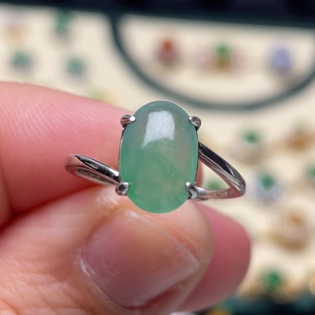 翡翠戒指银S925镶嵌纯天然缅甸翡翠