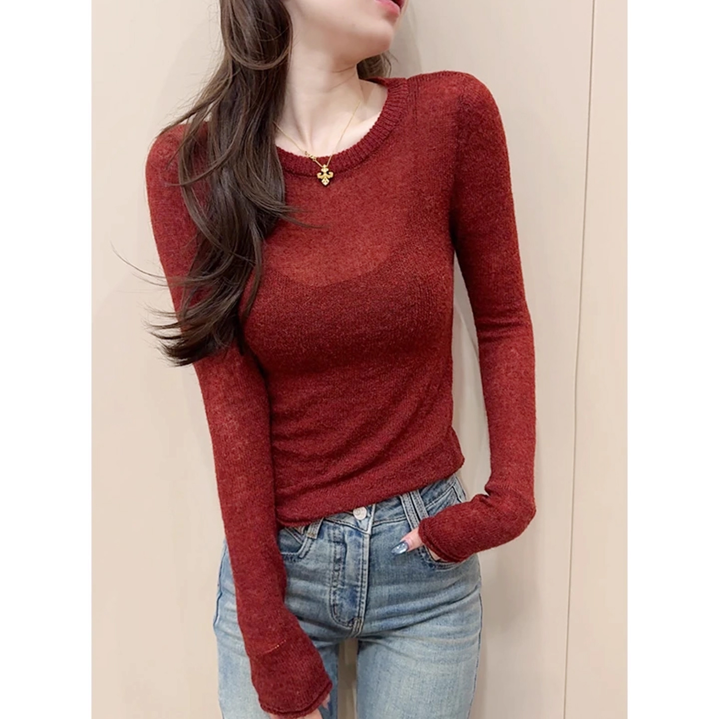 圆领内搭针织衫女秋冬季2025新款长袖打底衫套头时髦别致韩系上衣