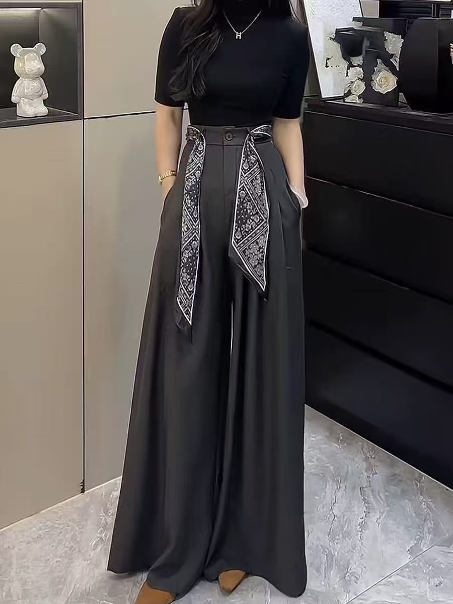 （001-200）时尚显瘦高腰垂感百搭休闲裤阔腿裤