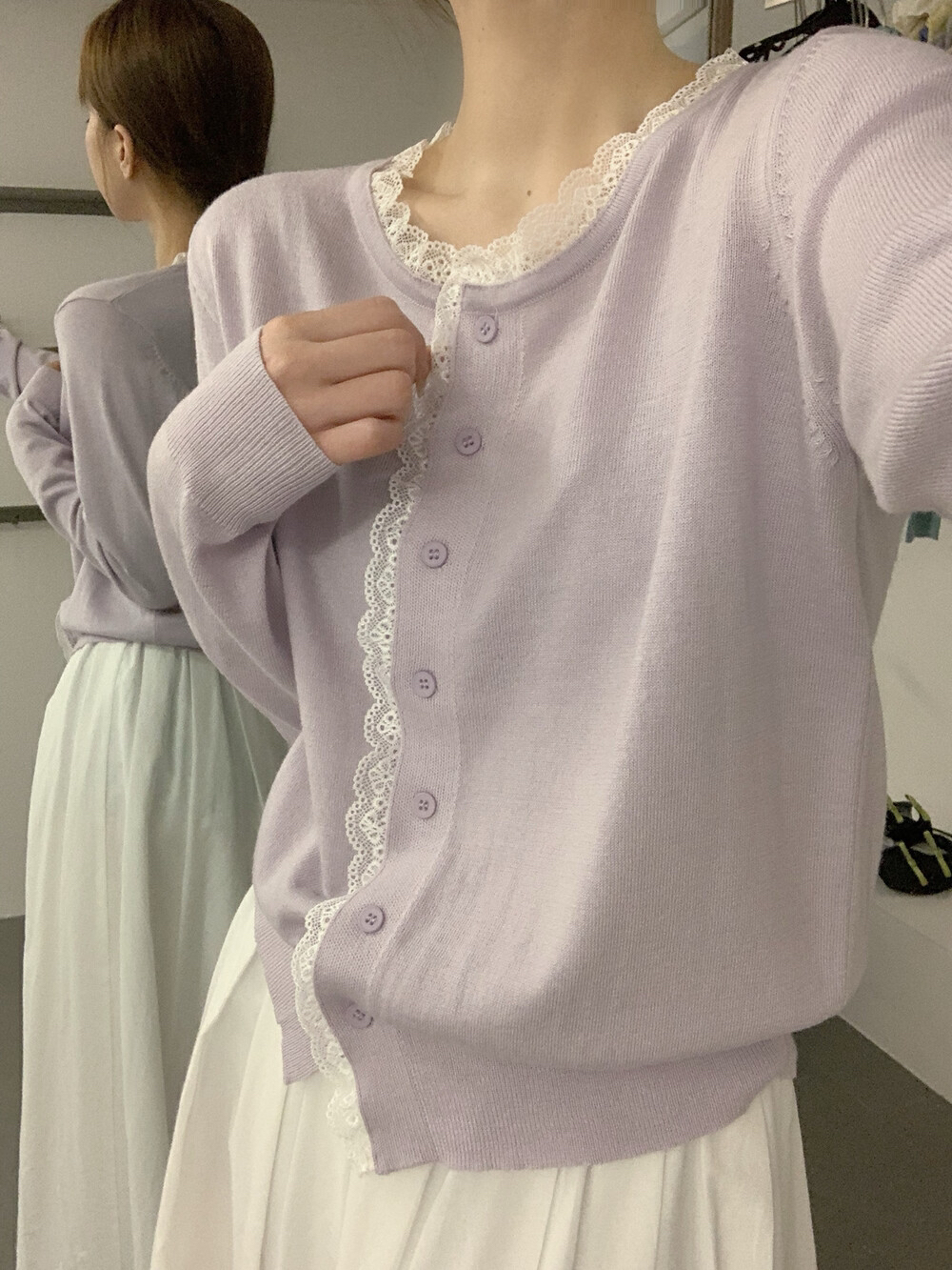 U粒@0645 韩系百搭圆领蕾丝拼接针织衫 2-18