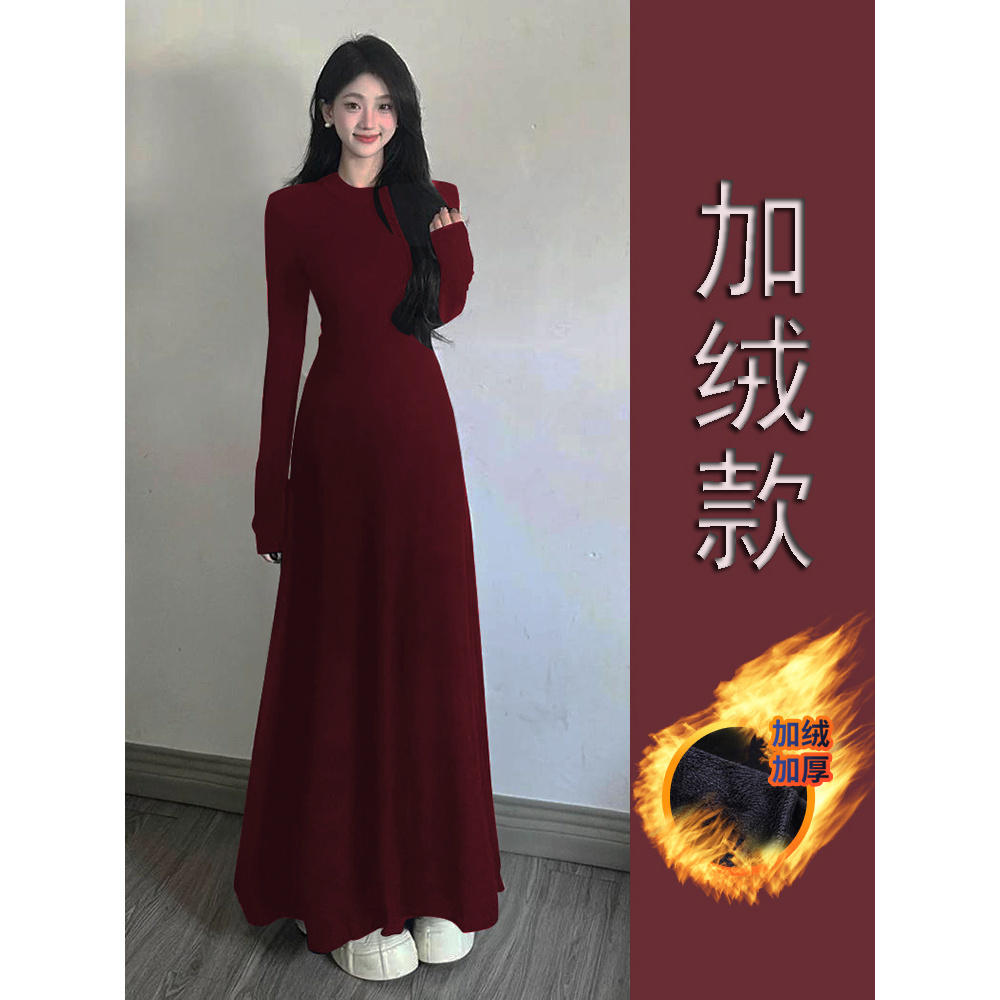【圣诞新年战衣】加绒加厚安卡拉红修身长款连衣裙女显瘦长裙