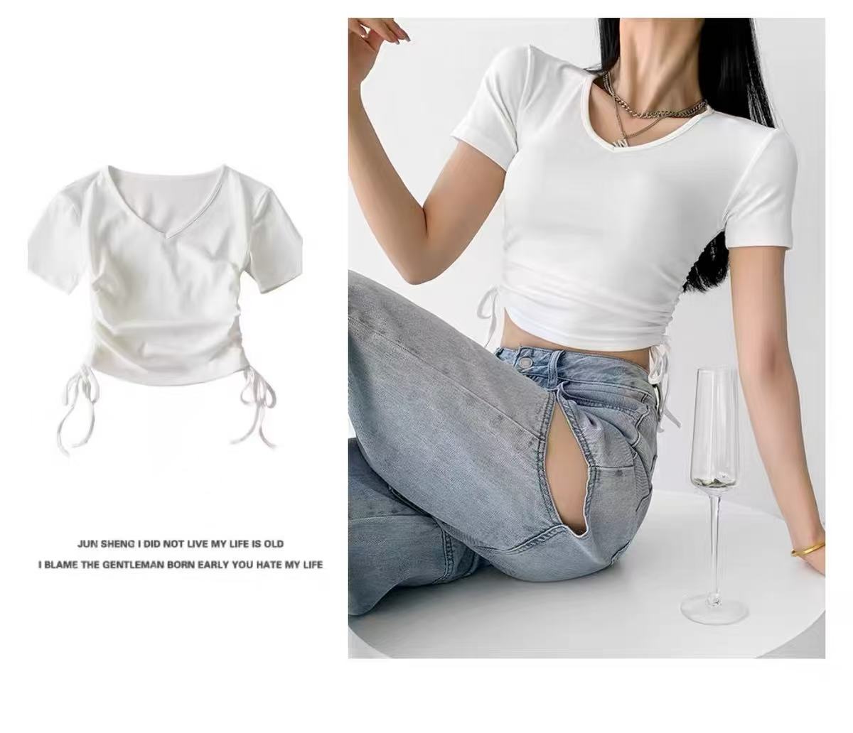 【意法-潮搭T•N】NN373-时尚女装设计感T恤修身不规则白色