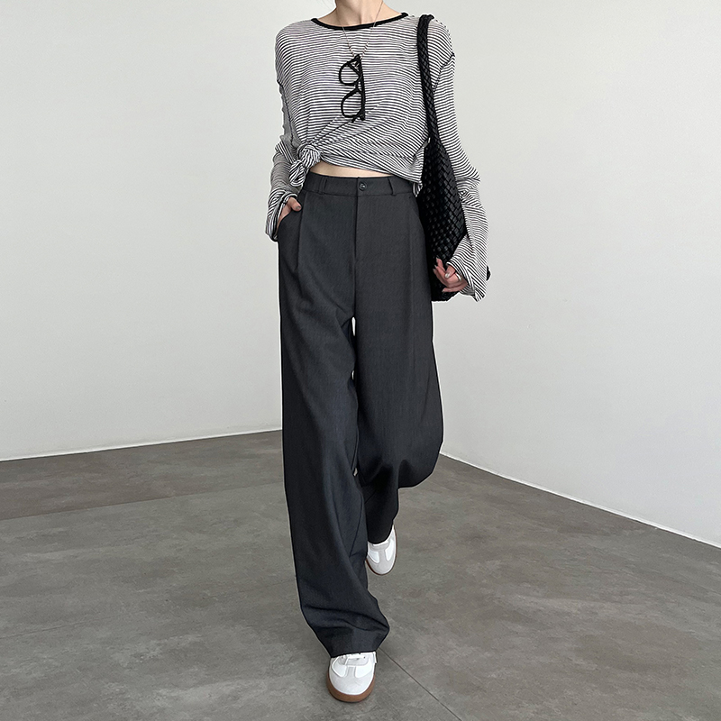 羊毛灰色西装裤女2025新款春秋高腰垂感小个子休闲窄版直筒阔腿裤