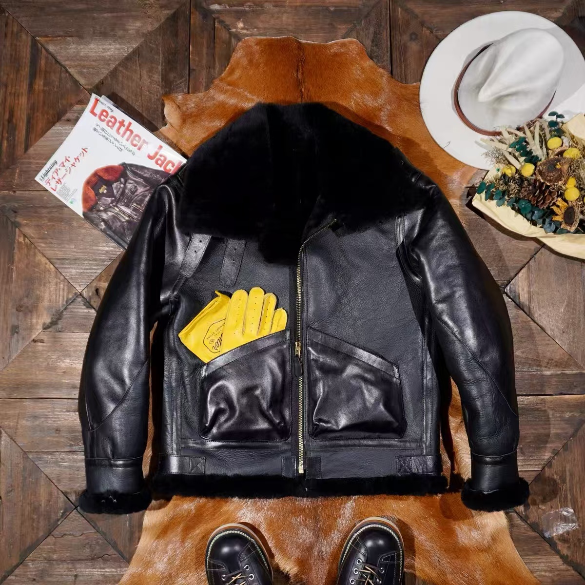 美式复古黑金刚巴顿羊皮毛一体B3飞行服皮衣男外套冬季马皮袖拼接