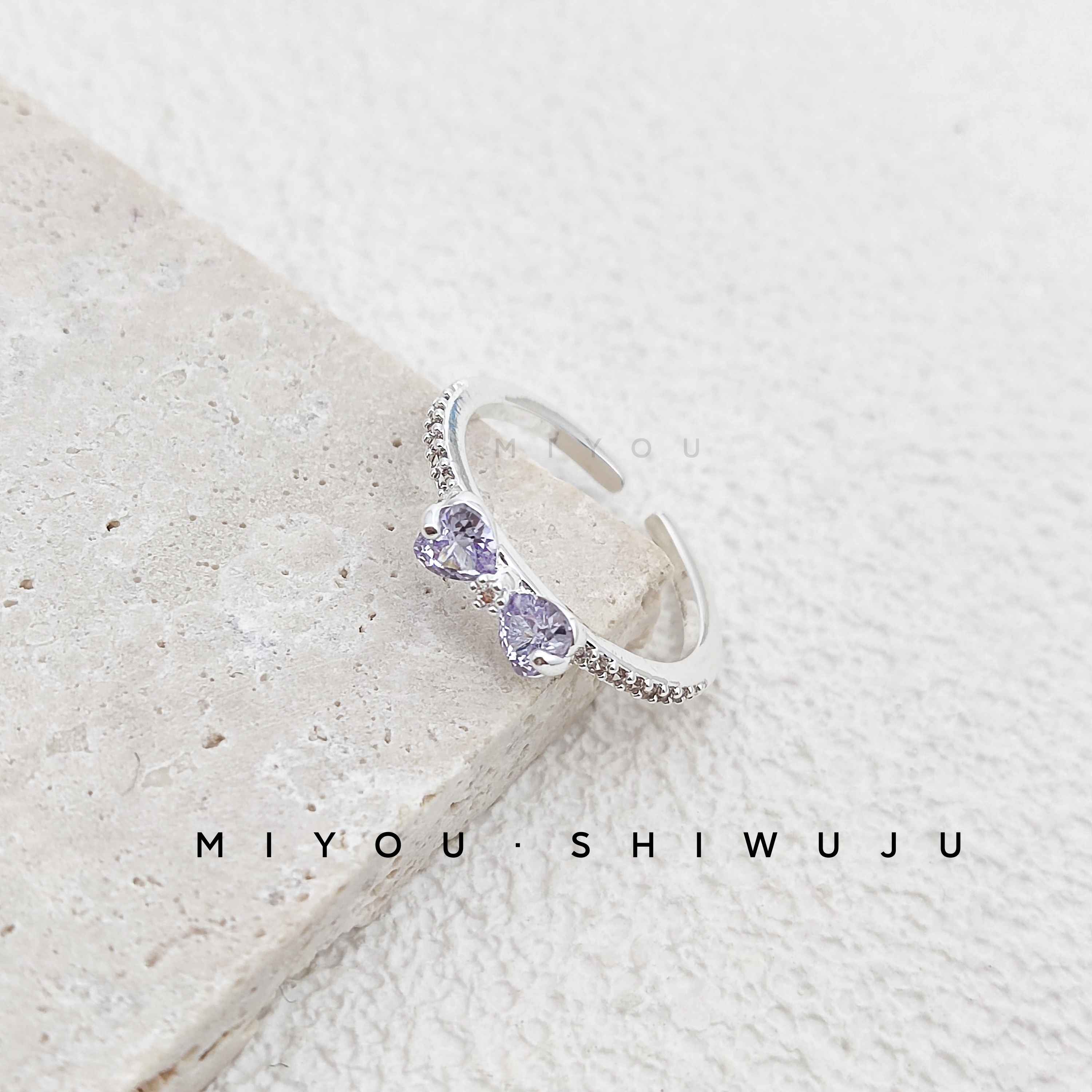 铜合金戒指 铜银色紫色钻蝴蝶结戒指气质时尚