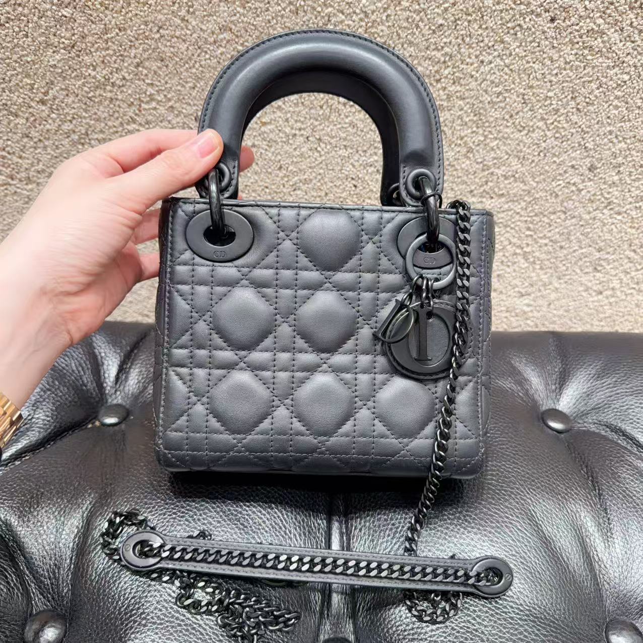 99新 DIOR/迪奥 So Black系列 戴妃三格 磨砂黑 手提单肩斜挎包